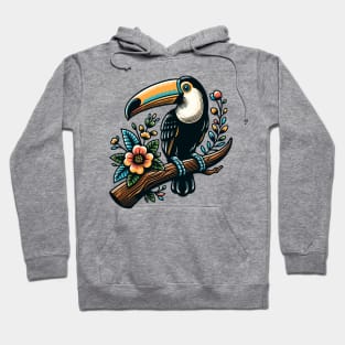 Toucan bird on a tree branch with colorful flowers Hoodie